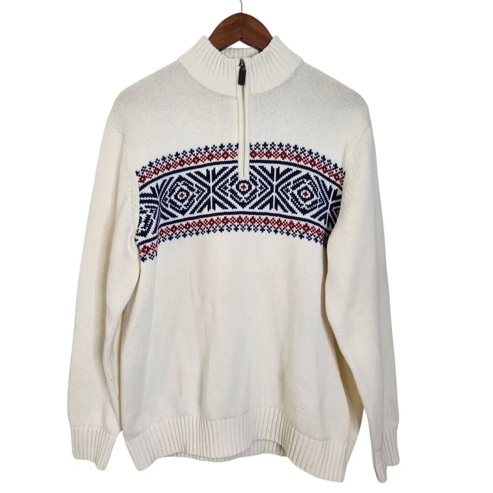 Izod Mens L Knit 1/4 Zip Sweater Ski Lodge Fair Isle Nordic Ivory Navy Red